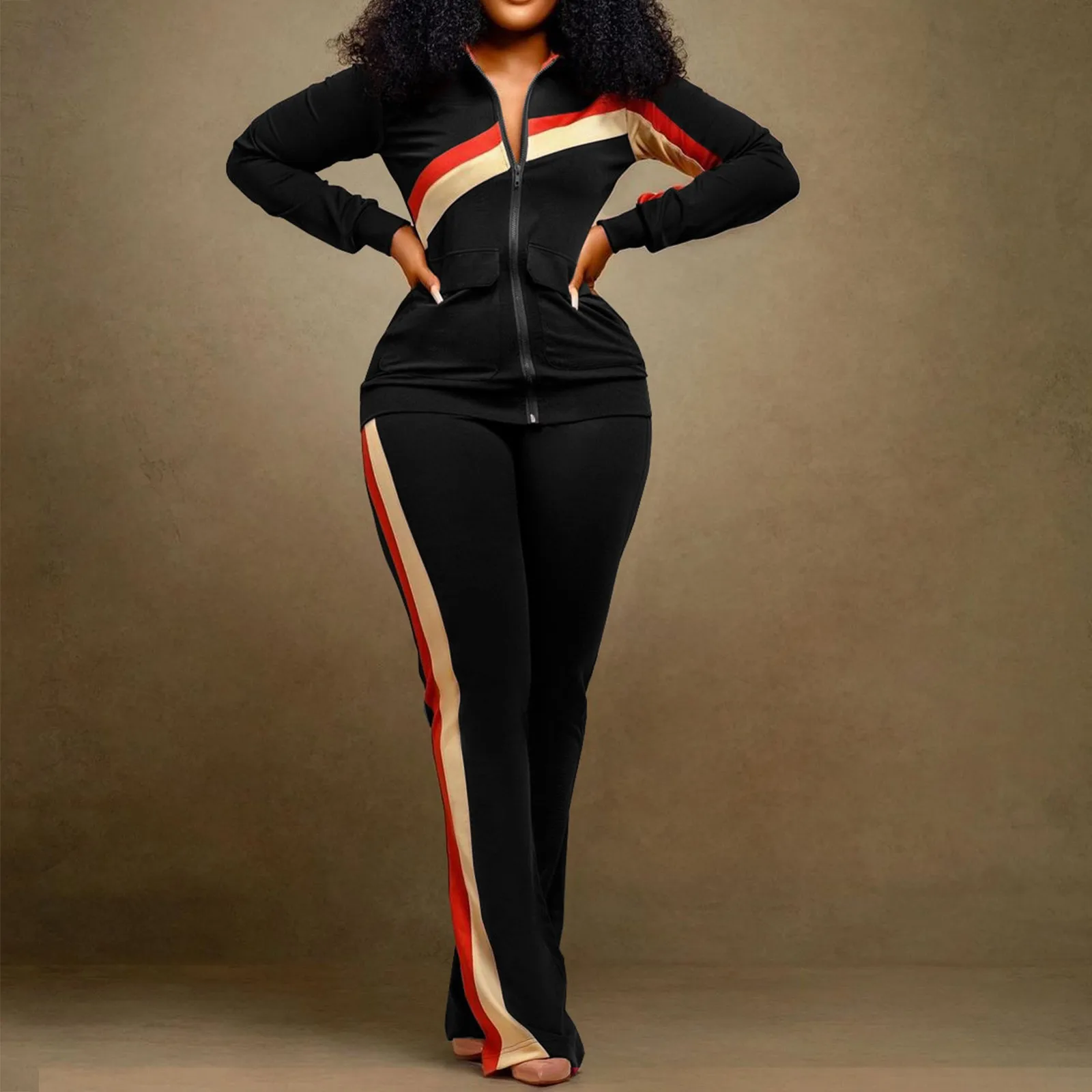 

Женский брючный костюм в полоску, повседневный облегающий комплект из 2 предметов, куртка на молнии и брюки, y2k, 2024