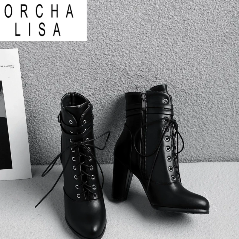 

ORCHA LISA Осенние сапоги до середины икры с острым носком, каблук 9 см, пряжка, перекрестная завязка, большой размер 33–44, черный клуб S1995