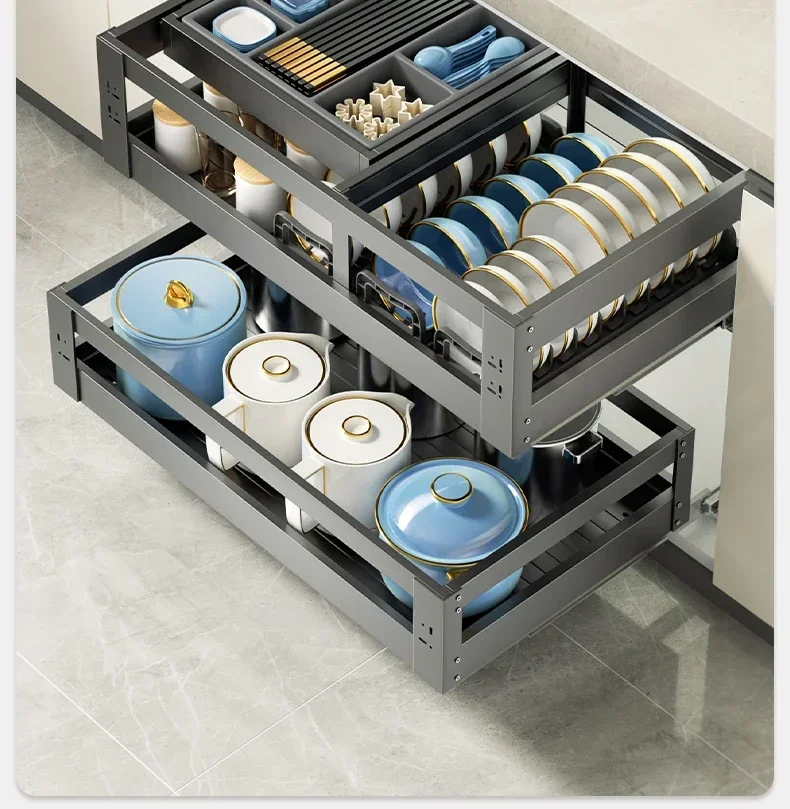 

Pulling basket kitchen cabinet, three-layer drawer type, aluminum alloy deepening cabinet, with bowls, bowls, and chopsticks pla