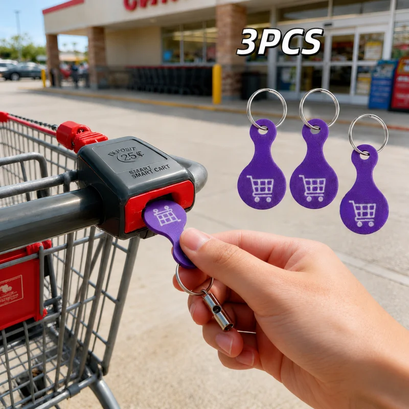 Kit com 3 Chaveiros de Desbloqueio para Carrinho de Compras, Ferramenta 3D de Plástico para Carrinho, Acessório Compacto e Reutilizável para Supermercado