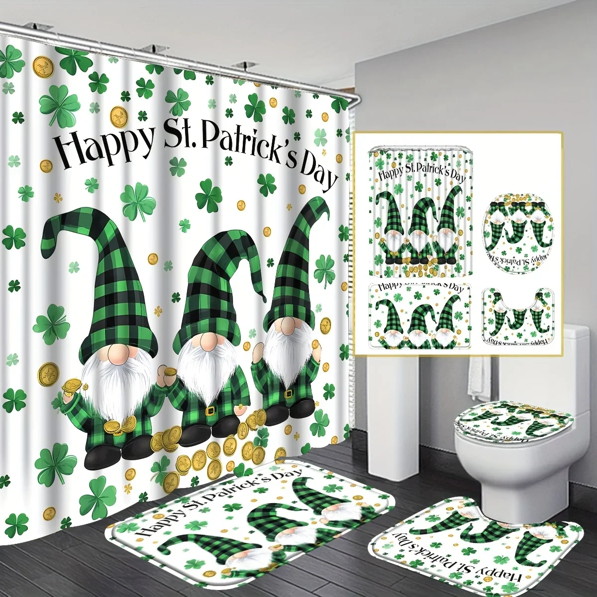 

Набор для ванной комнаты ко Дню Святого Патрика из 4 предметов: зеленые шумлы и ирландские гномы, можно стирать в машине, включает сиденье для унитаза и U-образный коврик.