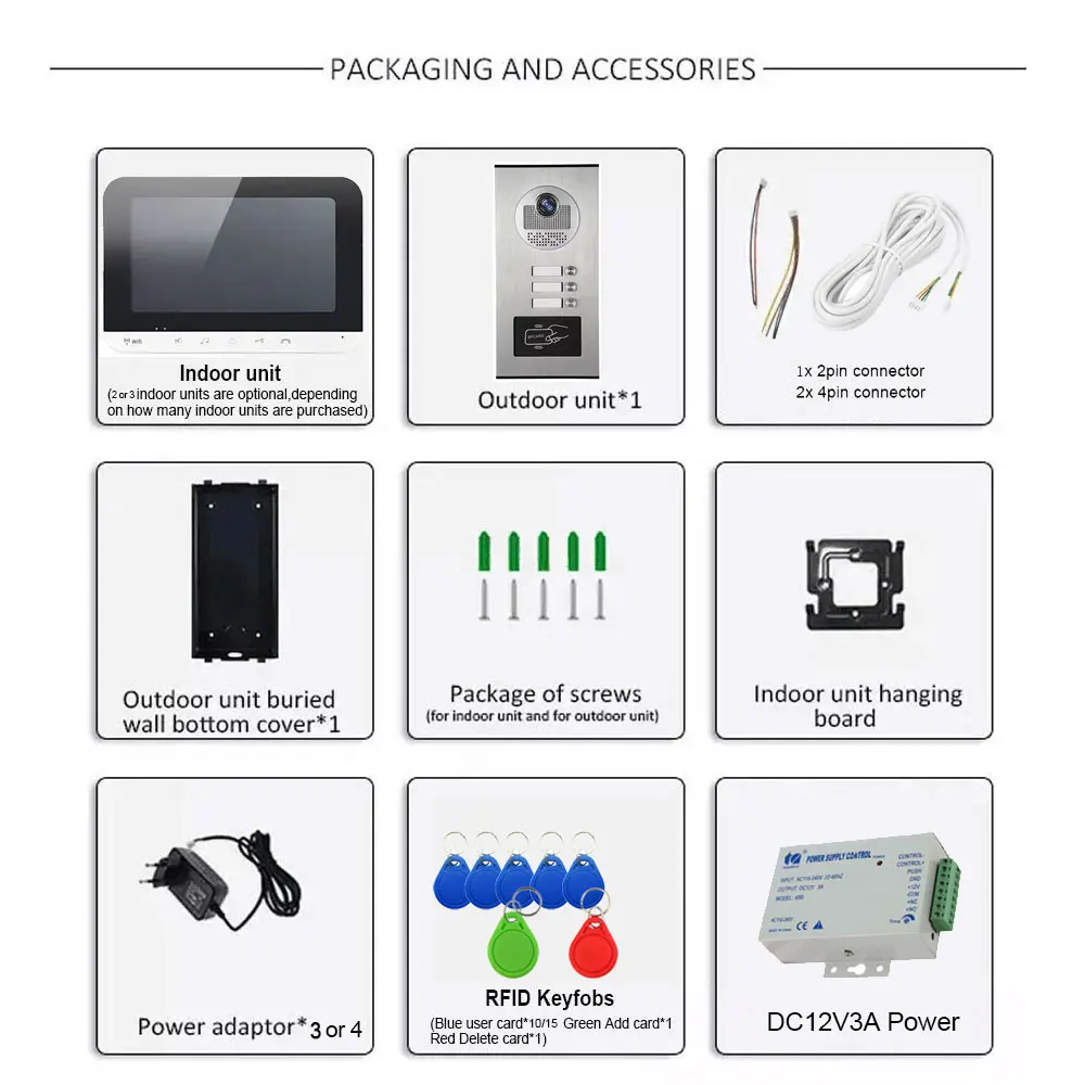 7 Inch Wifi Video Door Bell Intercom System with RFID Doorbell Camera 2/3 Family Multi nits Apartment Video Door Phone Intercom