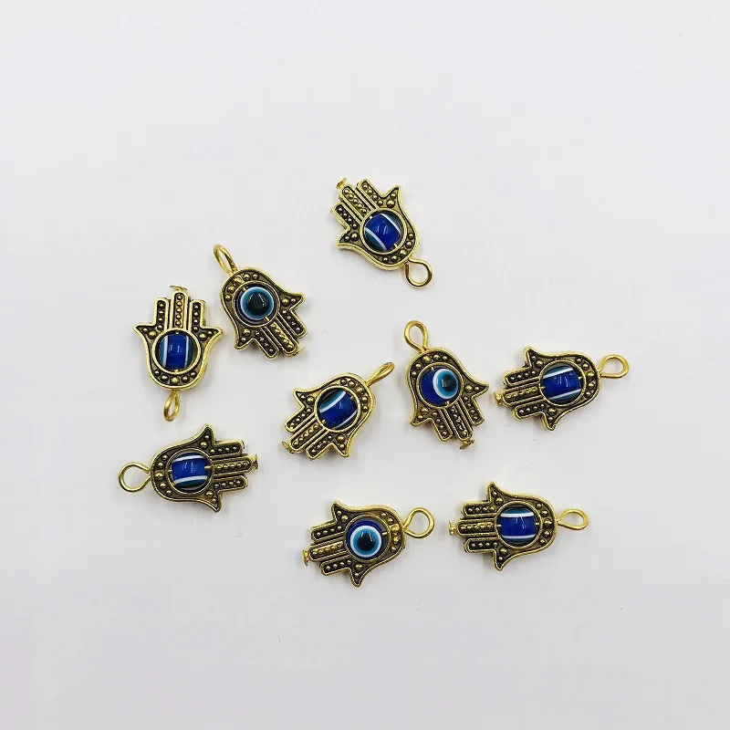 10Pcs Antique Silver Color Hamsa Fatima Hand Charm Evil Blue Eye Bead fit Pendant Necklace Bracelet Jewelry Accessories DIY