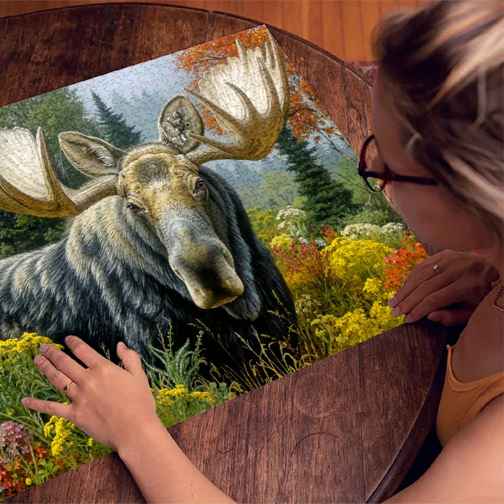 1000피스 성인용 직소 퍼즐, 27.56x19.69인치 대형 사이즈, 무스와 꽃밭이 있는 자연 숲. 종이 조각 그림 맞추기 퍼즐