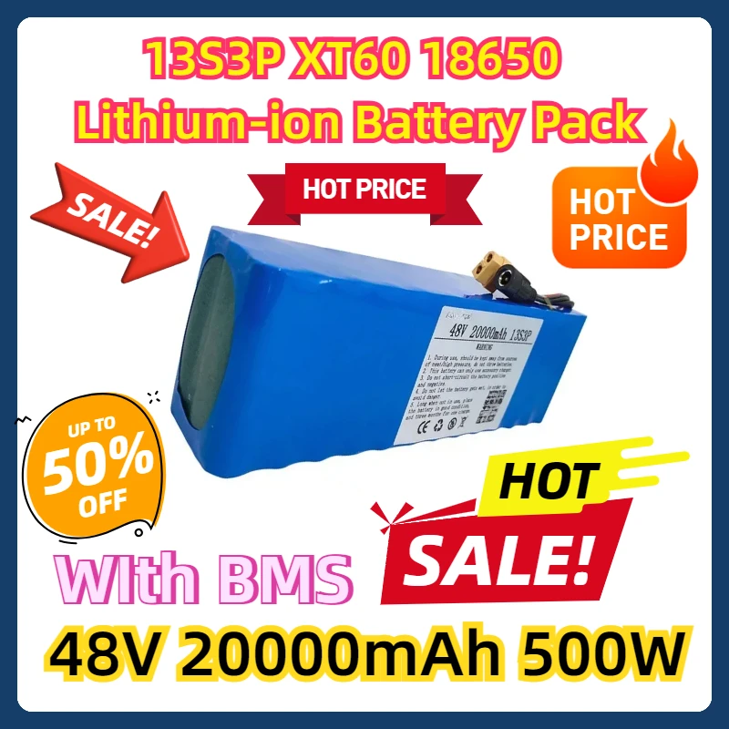 

48V 20000mAh 500W 13S3P XT60 18650 Lithium-ion Battery Pack 20Ah Suitable with BMS