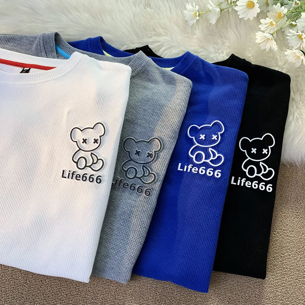 Bawełniany T-Shirt dla mężczyzn letnie topy gofry Cartoon Bear T-shirt w za dużym rozmiarze luźny okrągły dekolt z krótkim rękawem para T-Shirt