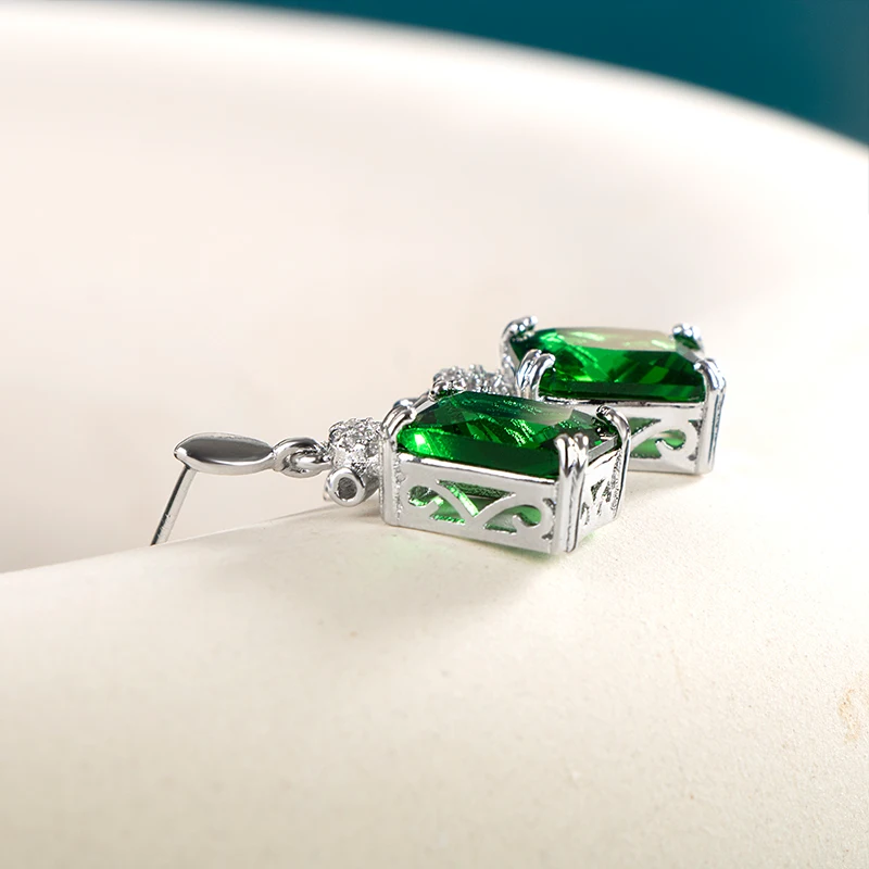 JoiasHome 925 Sterling Silver Vintage Earrings For Woman With Square 6*8mm Green Emerald Gemstones  Wedding Party Wholesal Gift