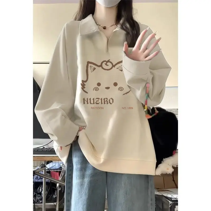 American Apricot Half Zipper Polo Collar Woman's Clothes Spring Autumn Loose Preppy Style Top Coat Fashion Cute Casual LeisureOL