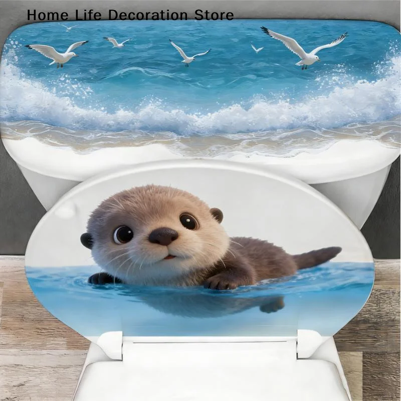 【H】Cute Otter Toilet Tank Sticker Ocean Wave PVC Decal For Bathroom Decor Adhesive Wall Art Home Decoration Accessories