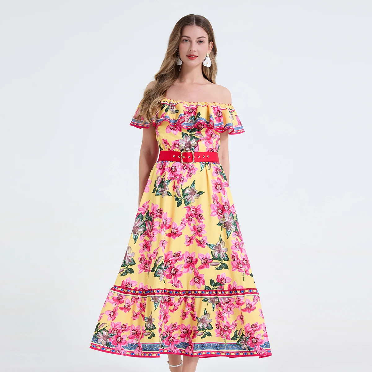 

2026 Summer Bohemian Gorgeous Flower Long Dress Women's Ruffes Slash Neck Floral Print Belt A-Line Holiday Famale Beach Clothes