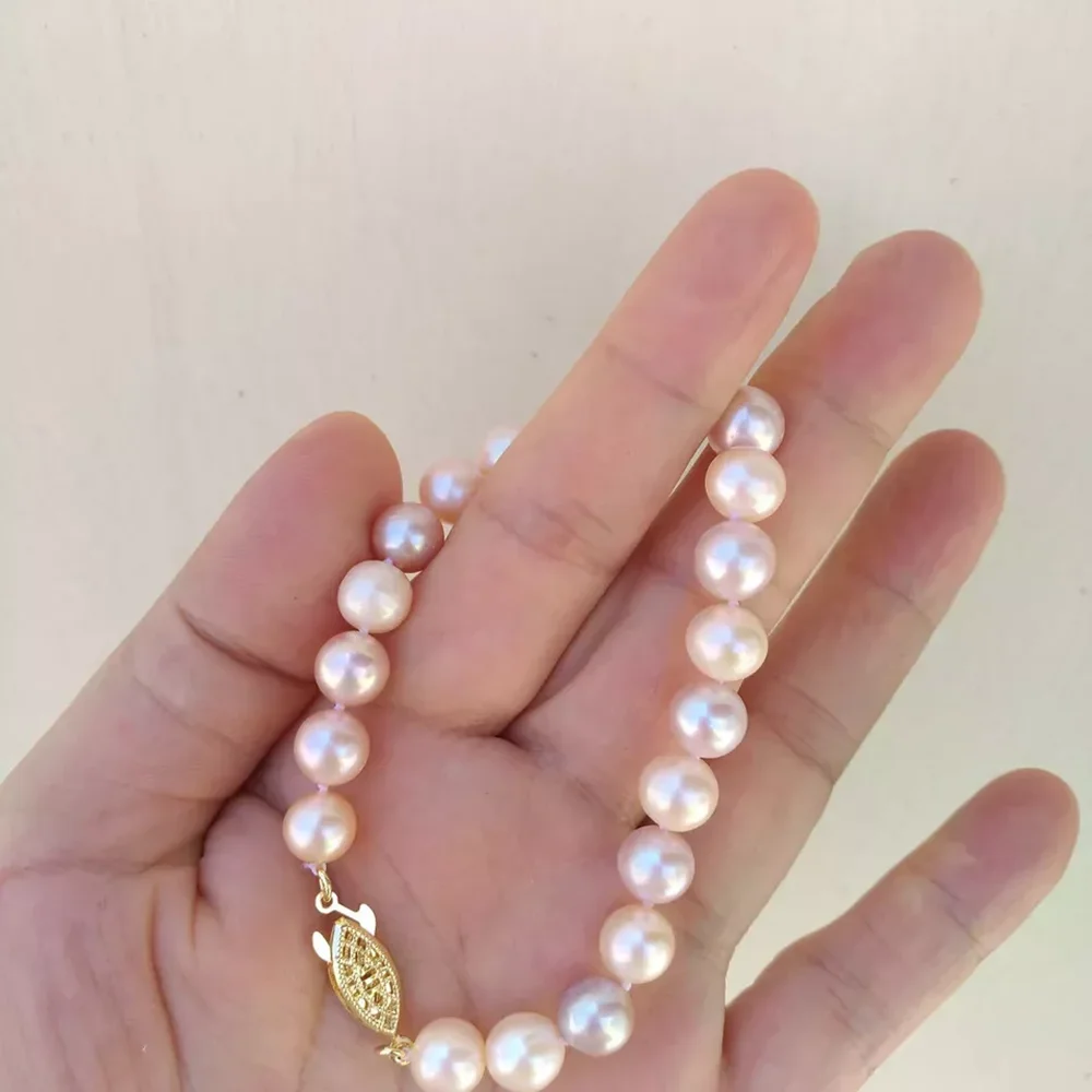 Bestselling AAA 9-10mm 8-9mm South Sea Pink Round Pearl Bracelet 7.5-8inch 14k