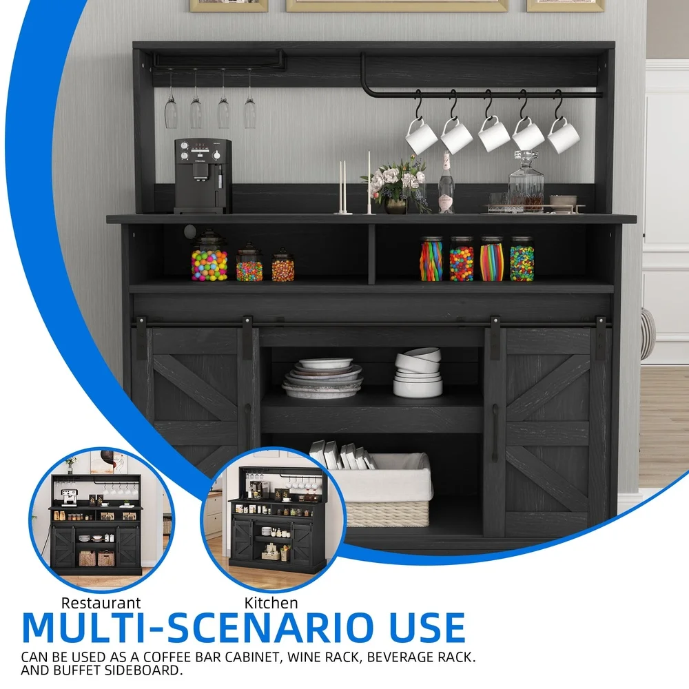 47 Inch Farmhouse Coffee Bar Cabinet Buffet Sideboard with Power Outlets USB Ports Wine Glass Rack Rustic Storage