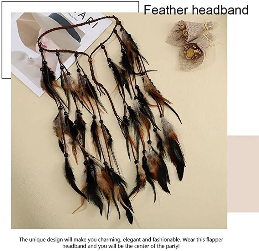 Adjustable Boho Feather Headbands 48cm Indian Peacock Headpiece Gypsy Hair Band Headdress Handmade Feather Hair Accessories