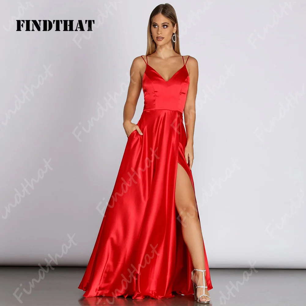 Findisso-Elegante V-Neck cetim Vestidos, A-Line Spaghetti-Correias, Sexy Side Slit, Bridesmaid Prom Gowns, Party, 2024