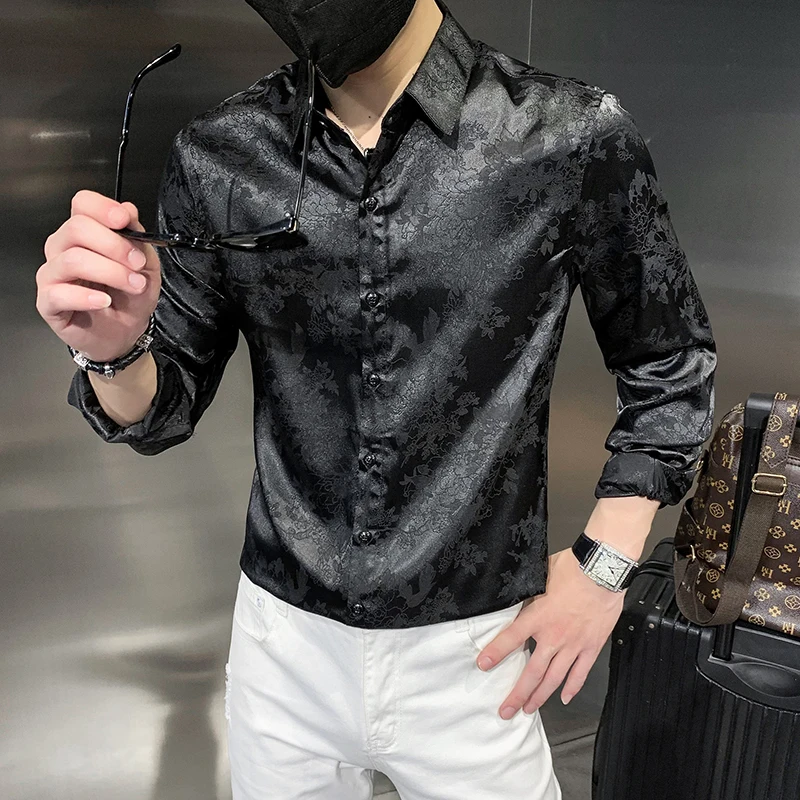 Retro Royal Printed Shirt Blouse Men Streetwear Long Sleeved Baroque Floral Mens Tuxedo Shirts Autumn Designer Camisa Masculina