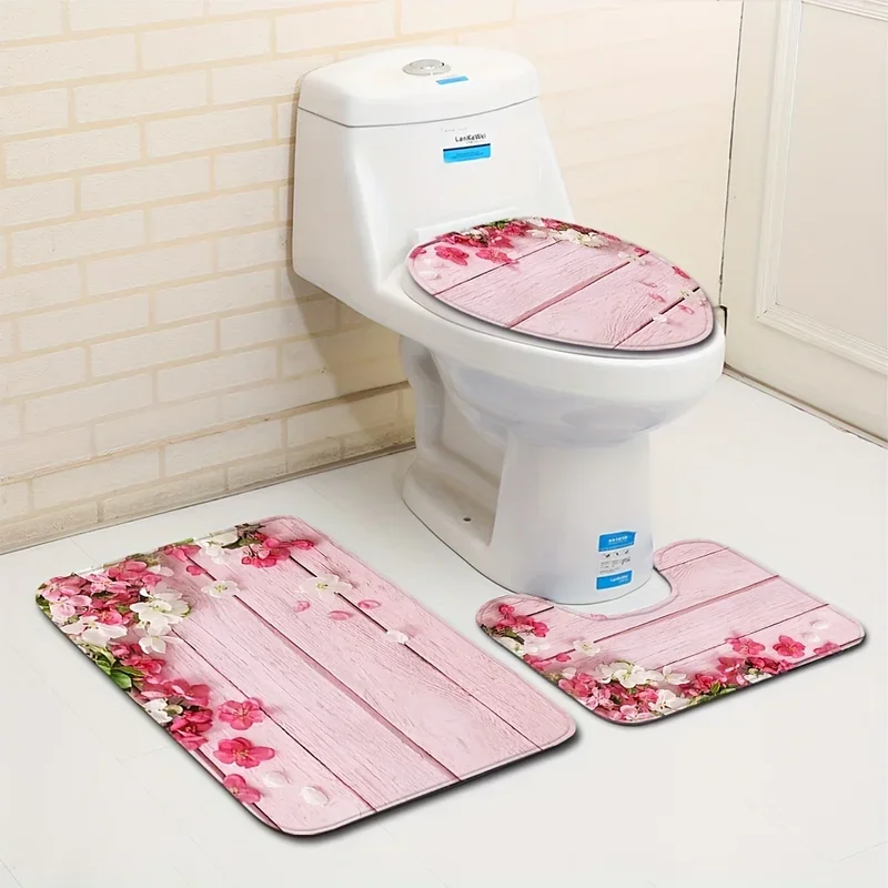 Girly Pink Flower Pattern Wood Grain Bath 3Pcs/set Mats Home Flannel Decoration Accessories Floor Rug Toilet Cover 40*60/50*80CM