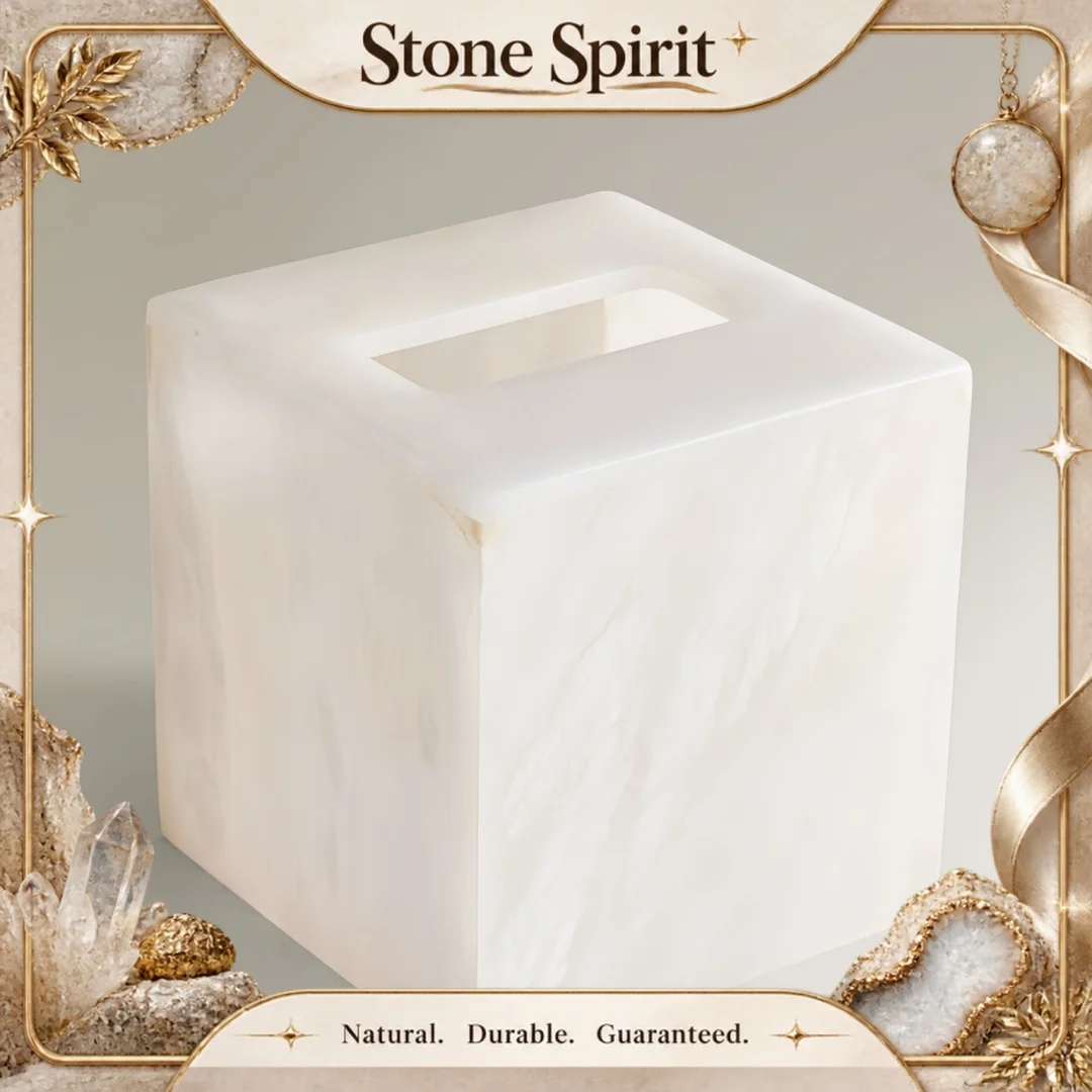 Natural Spanish Alabaster White Marble Tissue Box for Bedroom Vanity Bathroom Resturant Home Room Table Decor Customized Logo