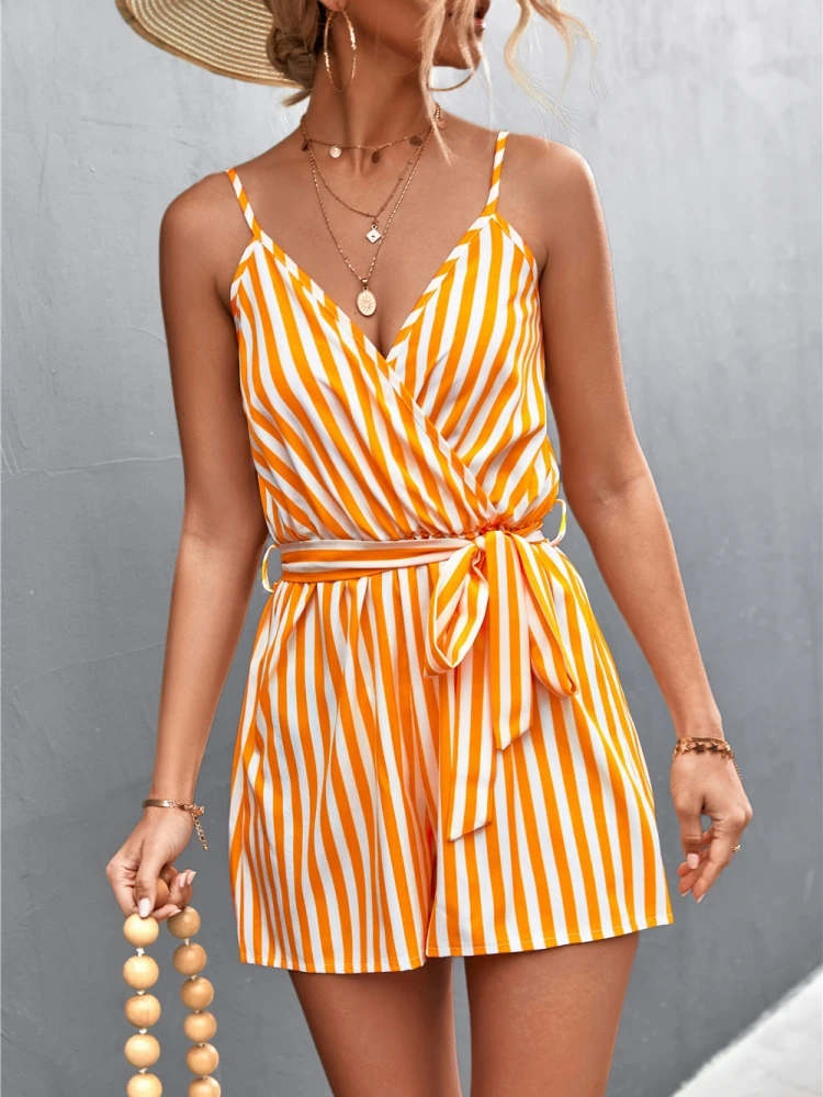 Fashion Summer New Women\'s Jumpsuit V Neck Short Bodysuit Backless Sexy Stripe Bandage Sleeveless Woman Clothing