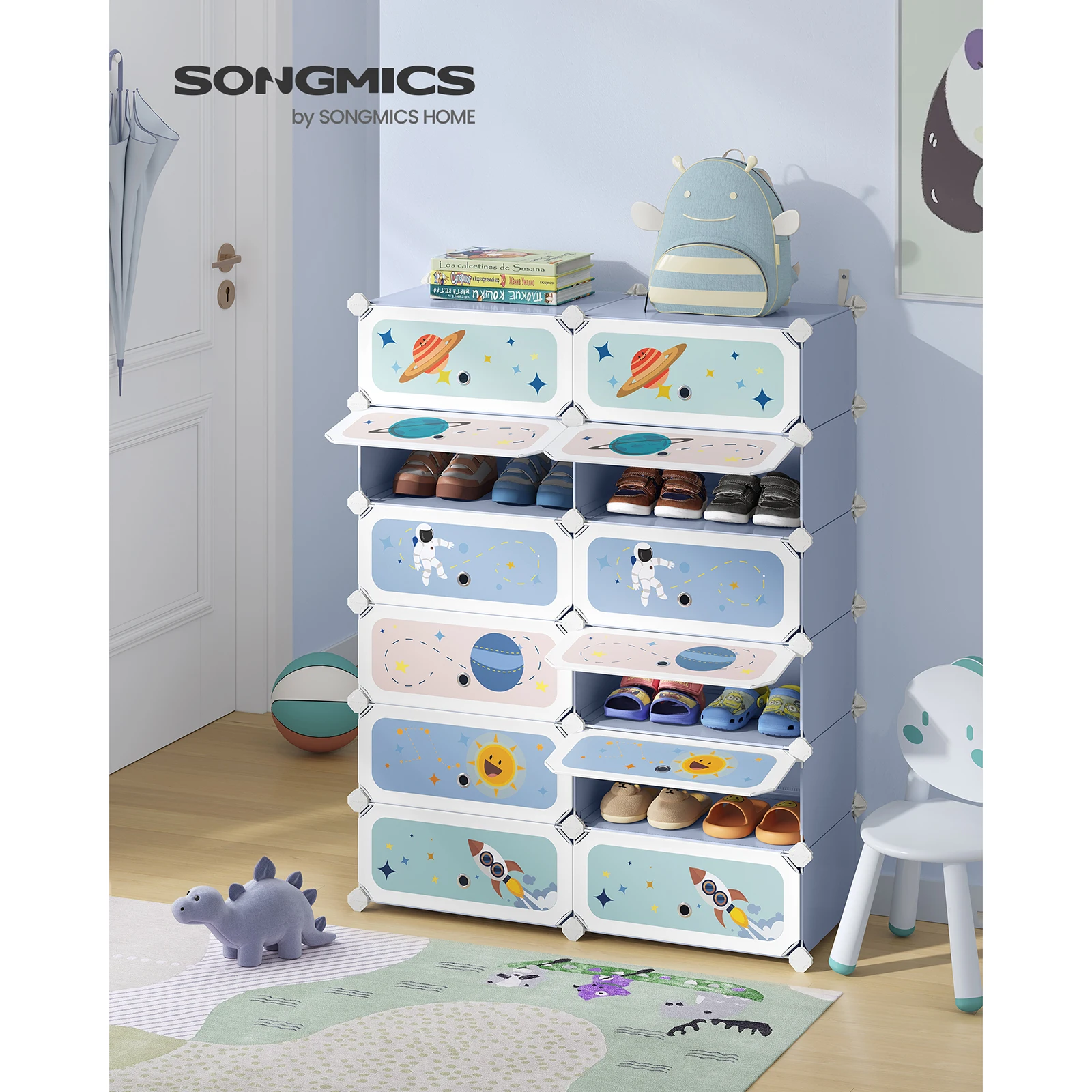 SONGMICS 12-Cube Kids Bookcase: Modular Wardrobe with Doors. Plastic Shelving for Clothes, Shoes, Toys. 31x81x106 cm. Pale Blue.