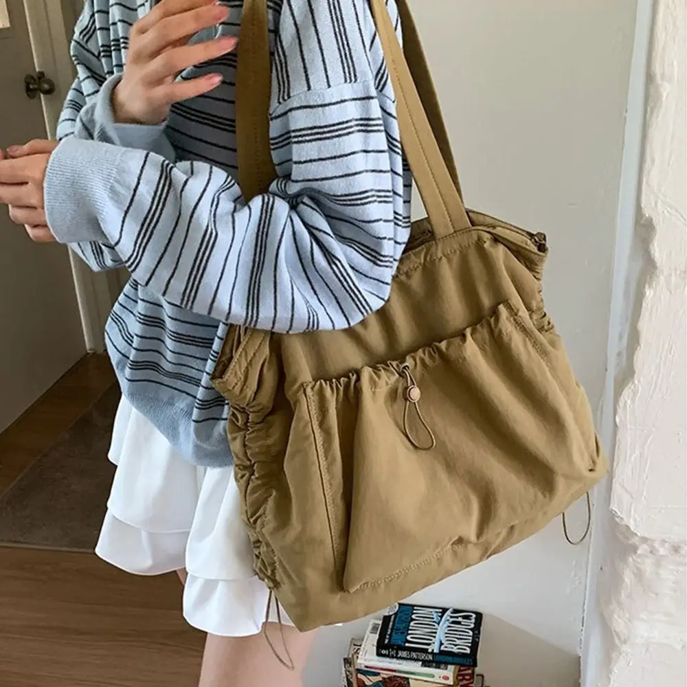 

Trendy Korean Drawstring Tote Bag Large Capacity Commuting Wrinkled Shoulder Bag Casual Solid color Work Handbag Shopping