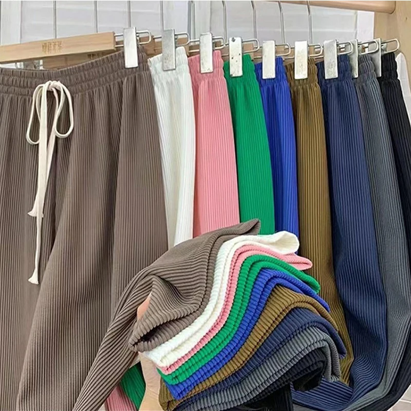 2023 pantalones de pierna ancha de cintura alta elástica para mujer, pantalones de punto de costilla larga sueltos con cordón de verano