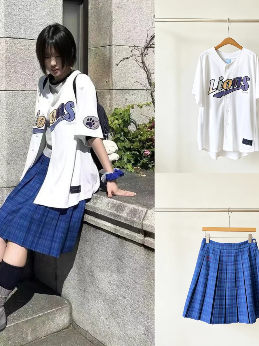 Coyseo  Quilted Embroidered Baseball Jersey Short Sleeve Plaid Pleated Skirt College Style Set Women's Casual Sportswear