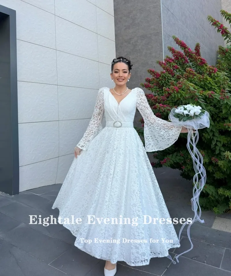 Eightale vestido de casamento árabe personalizado marfim cetim chá comprimento vestido de noiva muçulmano a linha com decote em v renda vestido de festa de noiva