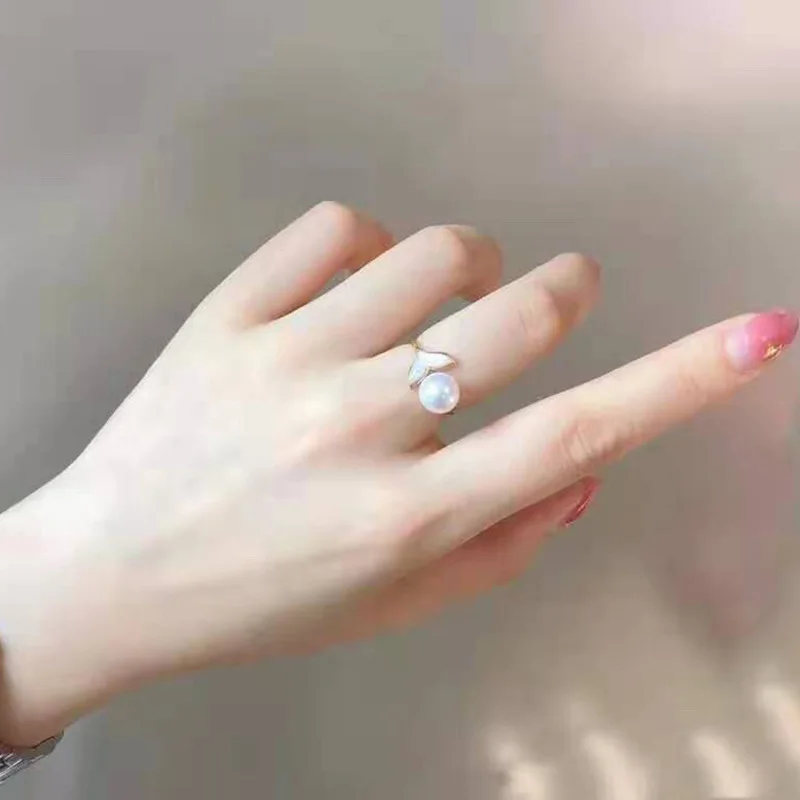 Natural Pearl Ring Fish Born with You 7-8mm Basic Perfect Round Flawless Glossy Fashionable Versatile Cute Fresh Style