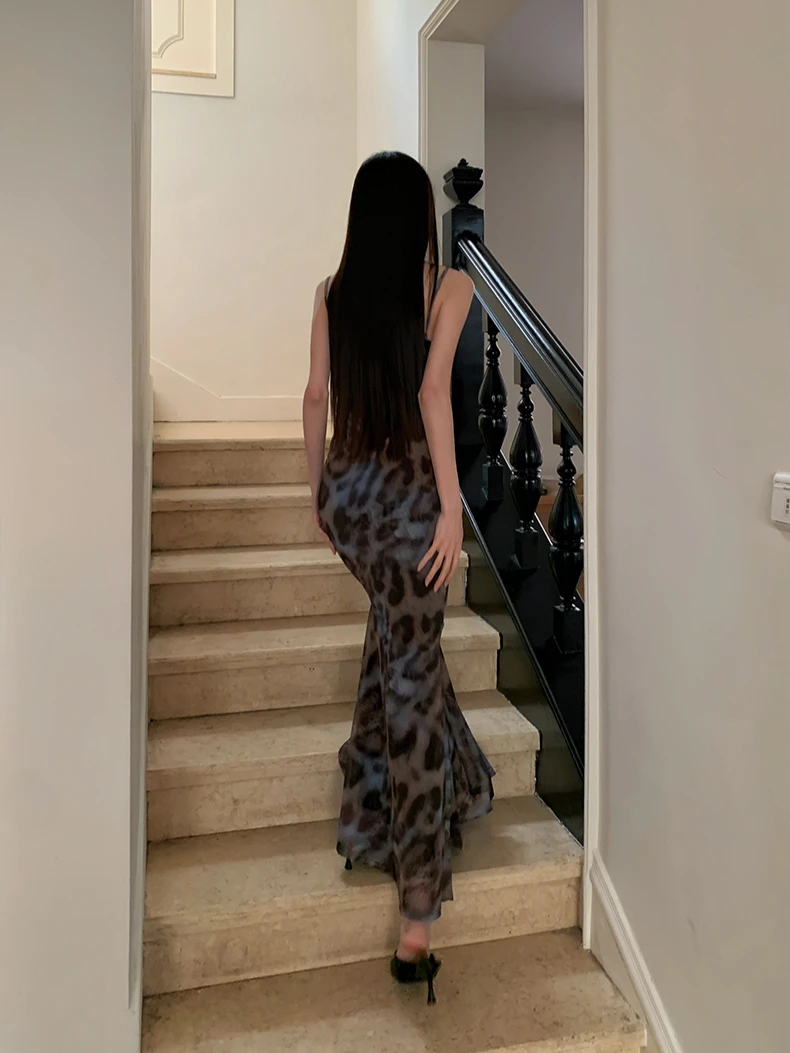 CHEERART Leopard Print Bodycon Long Dress 2025 Woman Summer Bandage Lace Tunics Ladies French Maxi Evening Dress Clothes