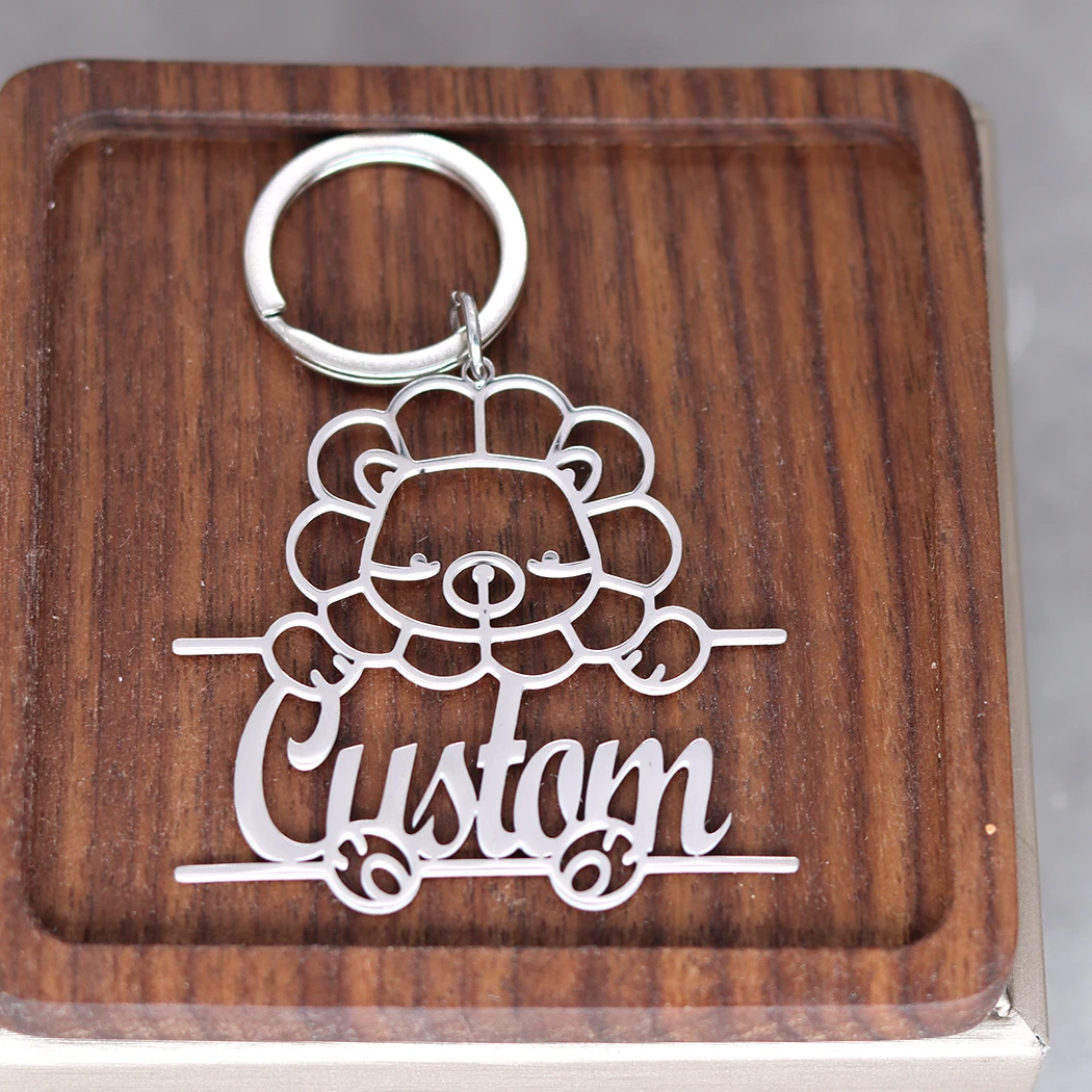 QIMING Sleeping Lion Personalized Custom Name Keychain For Men Stainless Steel Customized Animal Key Ring Jewelry Birthday Gift