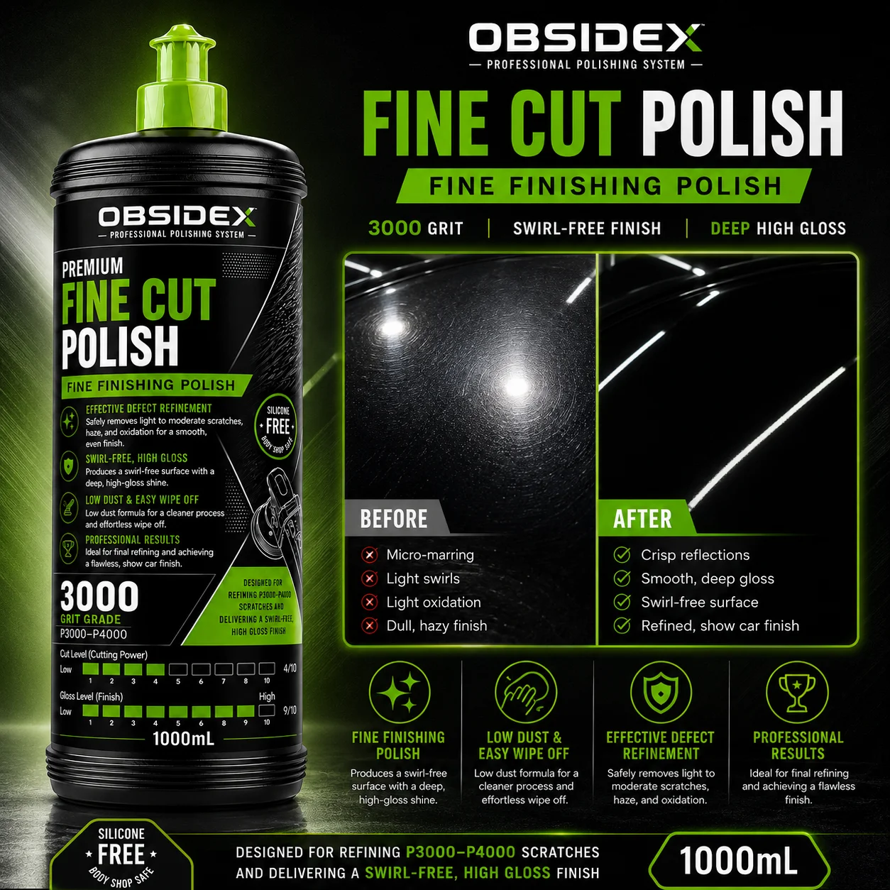 OBSIDEX Fine Finishing Polish – High-Gloss Solution for Final Refinement & Show-Car Swirl-Free Finish (1000mL)