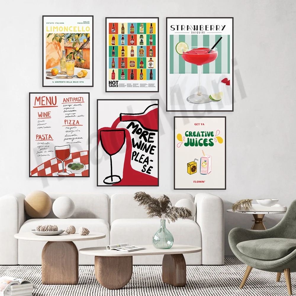 Strawberry lemonade, juice, martini three olives, green tea, cocktail, more wine, strawberry daiquiri, condiments platter poster