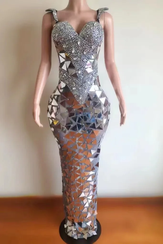 Vestido largo de malla con lentejuelas para mujer, traje brillante de diamantes de imitación plateados y dorados, traje de celebración de cumpleaños, club nocturno, Cantante Femenina, vestido de escenario Sexy