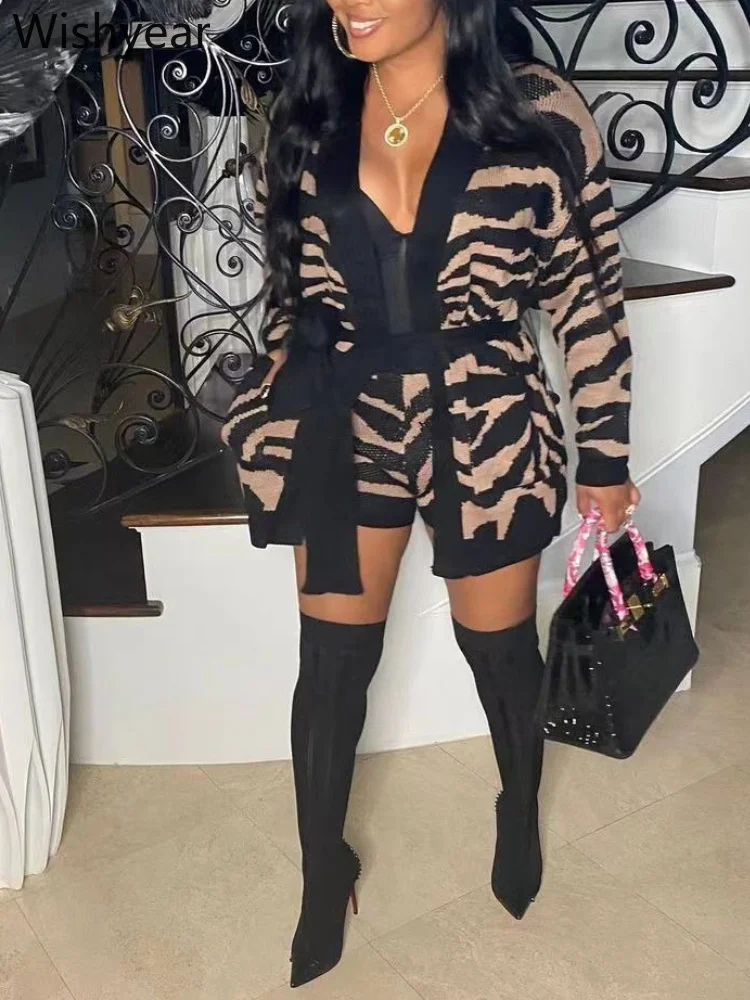 Trendy Zebra Print Two Piece Set for Women Long Sleeve Knit Cardigan High Waist Shorts Matching Set Casual Party Holiday Outfit