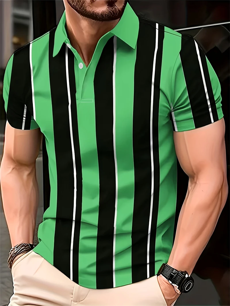 Simple Vertical Stripes Polo Shirts Fashion Summer Short Sleeve 3D Printed Polo Shirt Casual Oversized Business Mens Clothing
