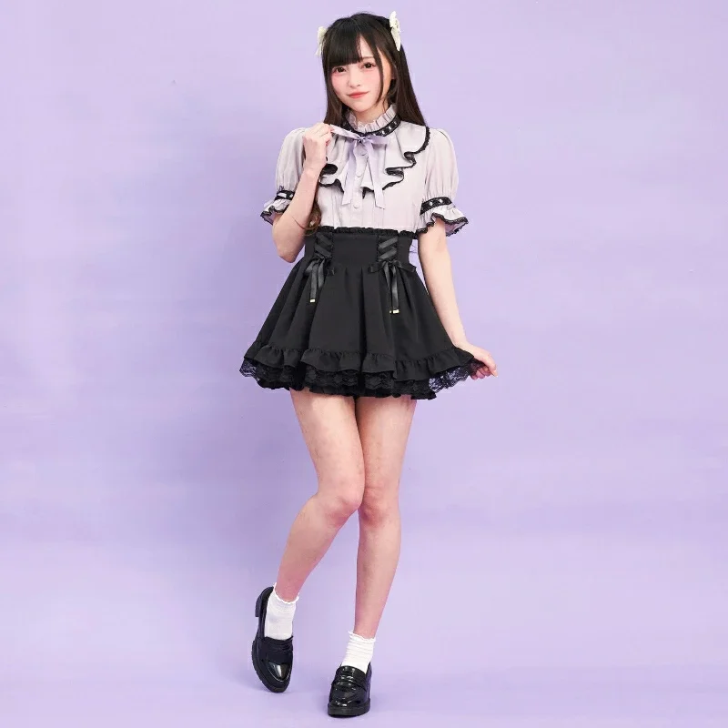 Summer Japanese Rojita Short-sleeved Shirt Heavy Industry Lolita Cute Sweet Blouse Wooden Ear Edge Lace Splicing Lace-up Blusas