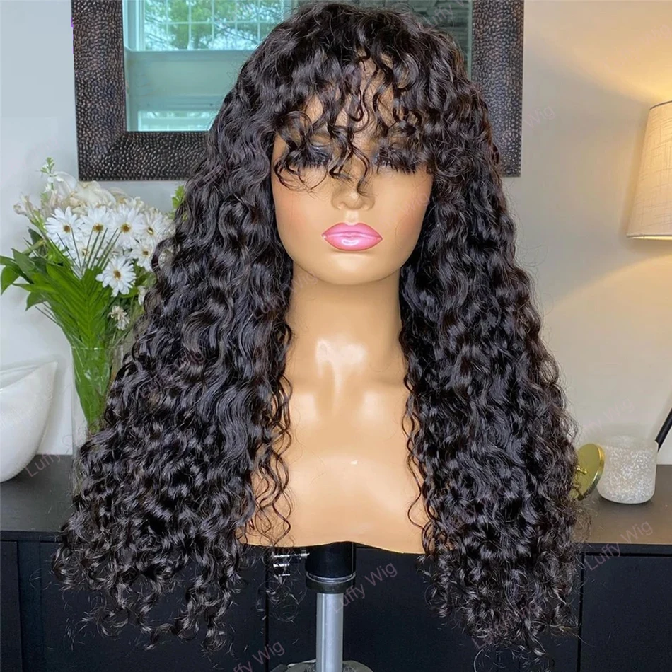 Wig gelombang air panjang untuk wanita hitam Wig rambut manusia keriting Malaysia dengan poni mesin penuh Wig dibuat Wig rambut manusia Remy murah