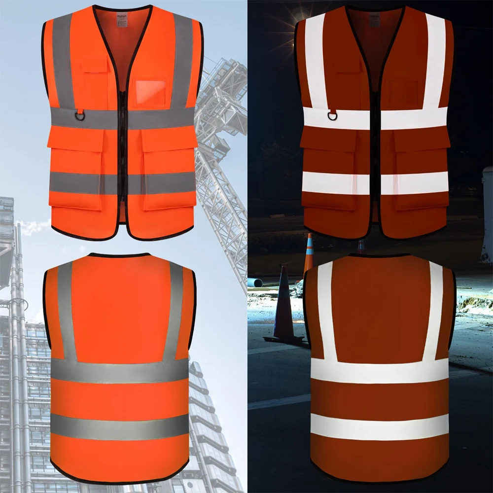 Hi Viz Rompi Safety Oranye dengan Kantong dan Ritsleting Seragam Pakaian Safety Rompi Neon Pekerjaan Konstruksi ANSI Kelas 2