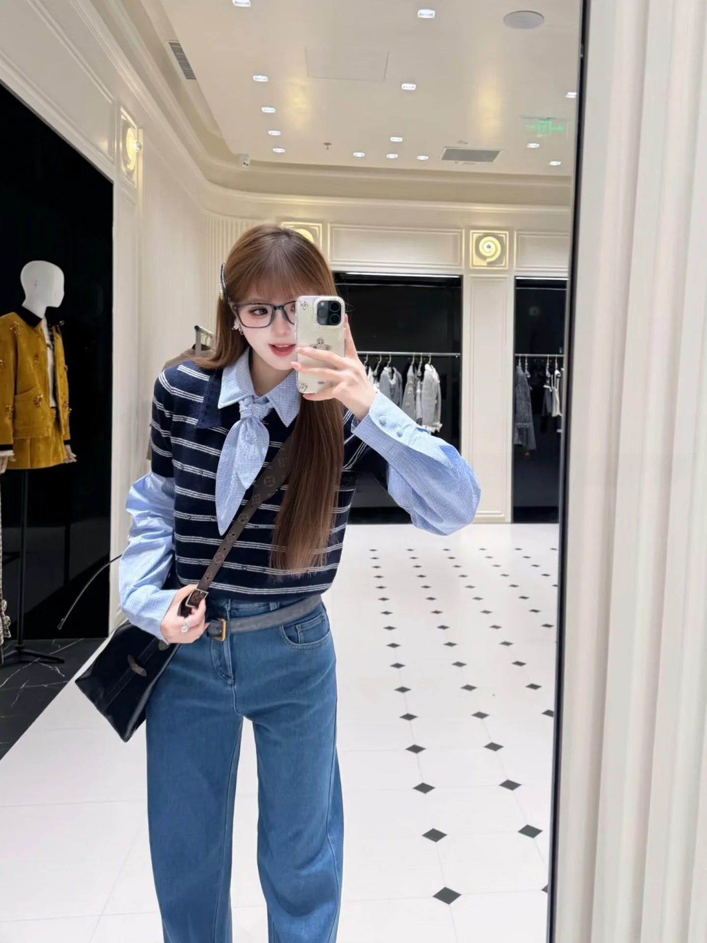

JONIbyBEB Winter Knitted Patchwork Stripe Fabric Light Blue Plaid Fake Two-Piece Top Warm Comfortable Straight Cut Long Sve