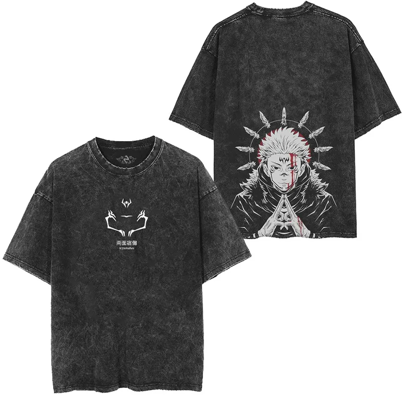 

Japanese Anime Jujutsu Kaisen Oversize Vintage Washed Batik Direct Print Loose T-shirt