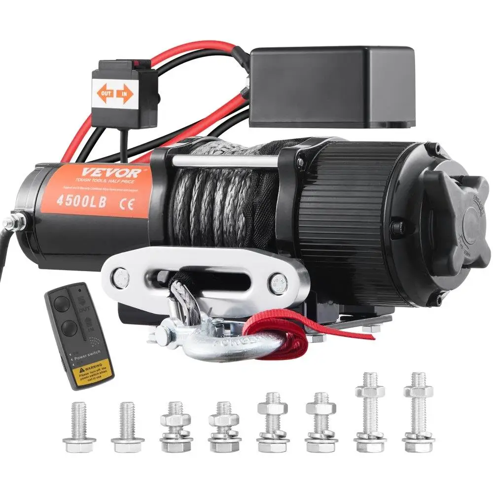 

Electric Winch, 12V 4500 lb Load Capacity Nylon Rope Winch, IP55 1/4” x 39ft ATV UTV Winch with Wireless Handheld Remote &