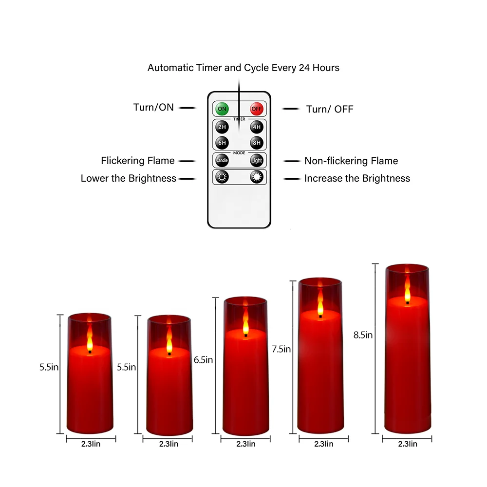 Realistic Red LED Candle Lights 5 Pieces with Remote Timer for Cozy Bedroom Living Room Romantic Dinner Christmas Decoration