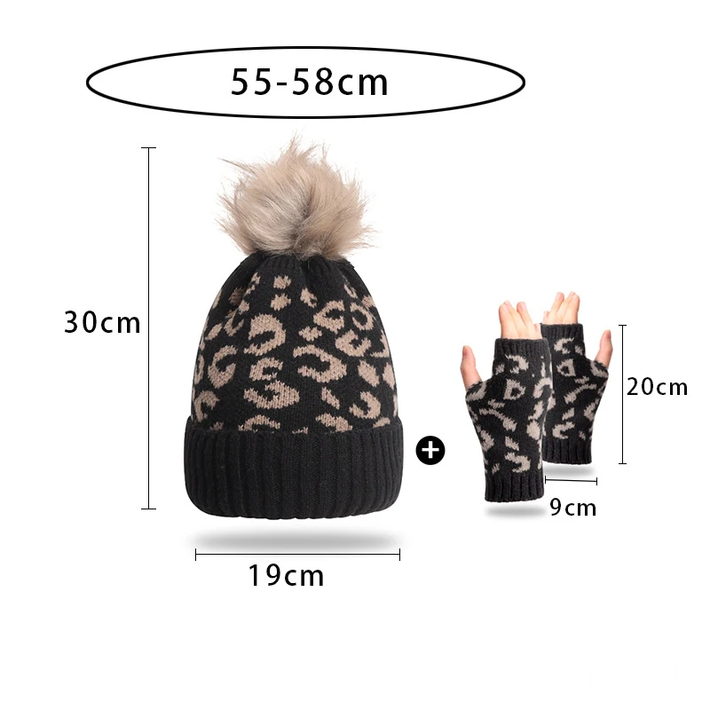 Women Winter Leopard Print Knit Beanie Hat Fingerless Gloves 2Pcs Set Faux Fur Pom pom Cuffed Warm Knitted Cap Matching Accessor