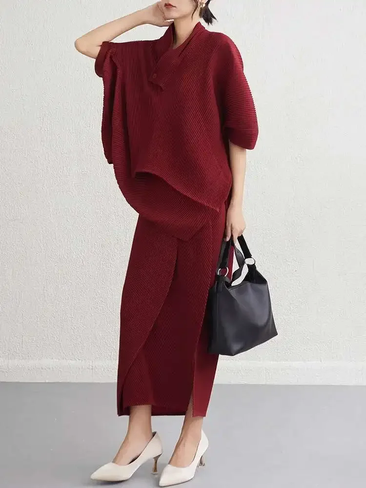 

Elegant Ladies Party Suit Pleated Two Piece Women's Semi Batwing Sleeve Irregular T Shirt + A-Line Skirt Miyake 2025 Summer New