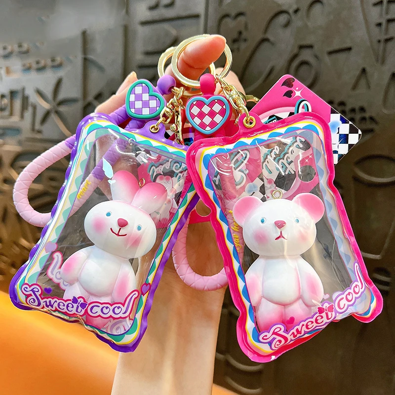 Cute Sweet Bunny Punk Inflatable Bag Gridding Love Pendant Keychain Creative Bear Doll Walking Bag Trinket Car Keys Chain Gift