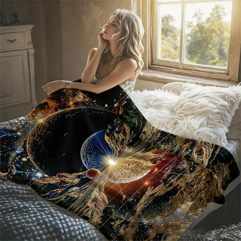 Cosmic Planet Landscape Flannel Blanket Perfect for Sofa Office Bed Travel Sleep Read Relax Camping Four Season Use