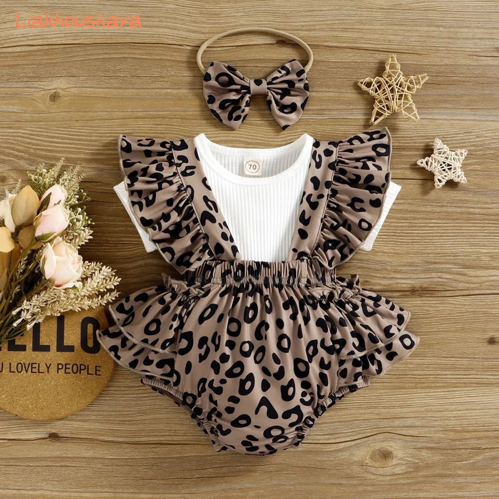 Toddler Girls Summer Dress 0-24 Months Cotton Leopard Print Romper Bodysuit Outfit with Headband 3 Piece Set 70-100cm
