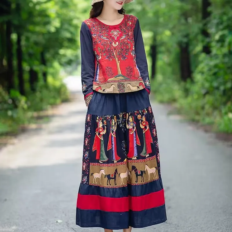 Retro China Style Women Cotton Linen Tops Skirt Set Clothing Ethnic Traditional Tang Suit Blouses Harajuku Fairy Orientale Ropa