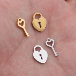 5pcs/lot Mirror Polished Stainless Steel Key and Lock Charms Mini Love Heart Shape Pendants For DIY Jewelry Making