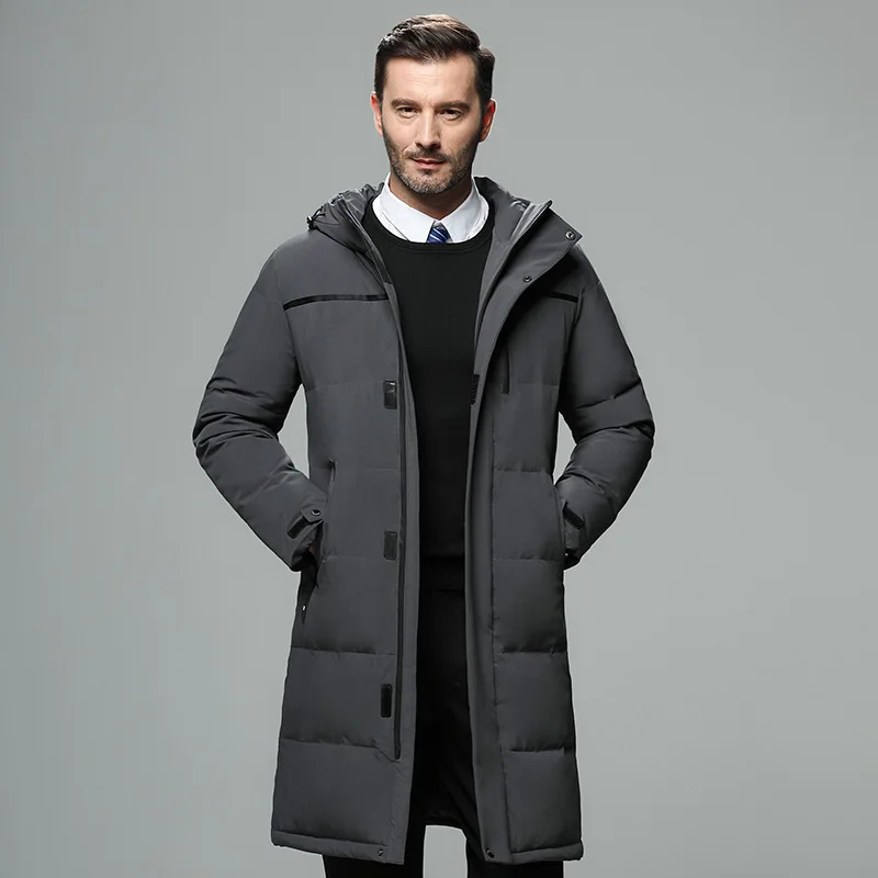 Winter Men Coat Thicken Windproof Long Sleeve Warm Male Down Outerwear Simple Solid Color Mid Length Hooded Man Jacket